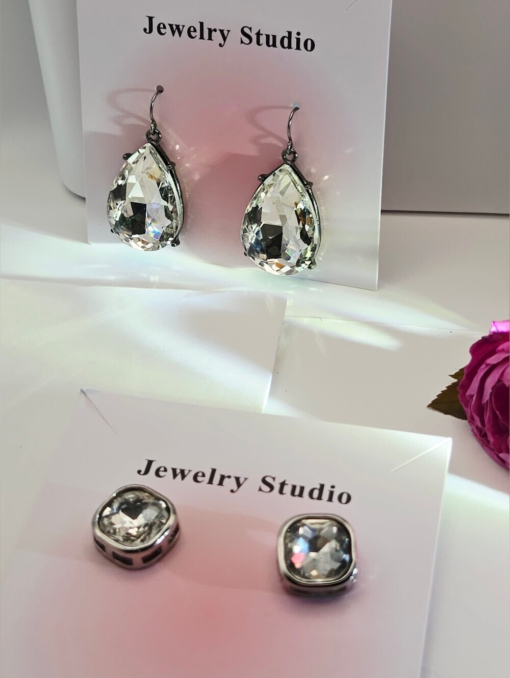 Fashion Jewelry Clear Teardrop Dangle & Clear Stud Glass Stone Earring Set Of 2 - Picture 16 of 16